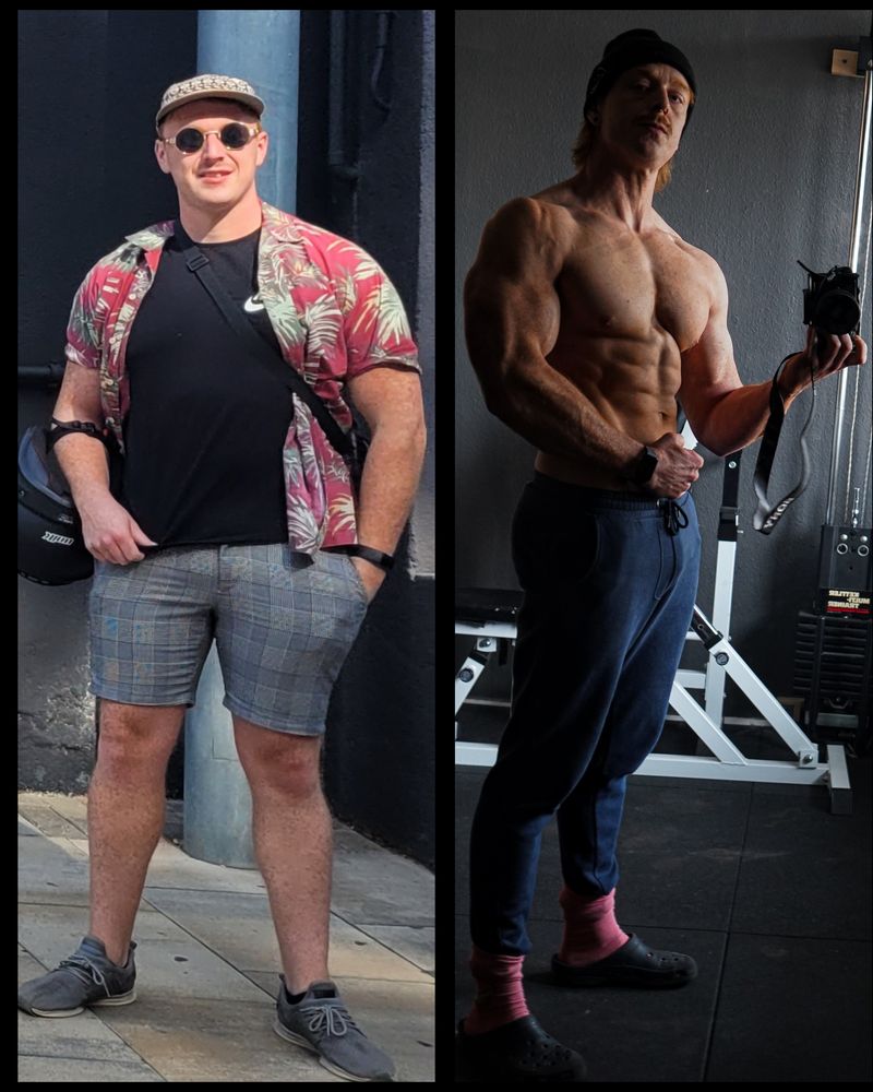 Collage van Vincent voor en na zijn eigen transformatie, voor links en na rechts